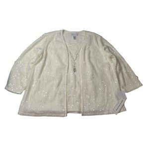 Alfred Dunner Ivory Cardigan Sweater Sequins Attached Knit Shell & Necklace XL